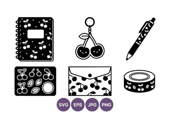 Cherry Pattern Stationery Set Black and